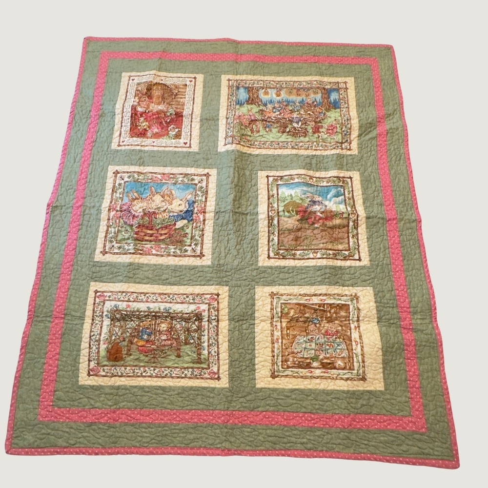 Handmade Bunny Rabbit Quilt Green Pink Woodland Storybook Baby Blanket 34x41